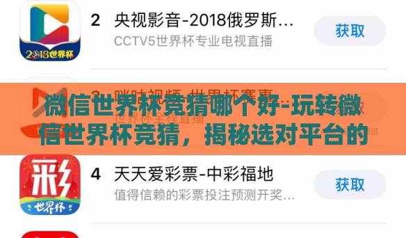 微信世界杯竞猜哪个好-玩转微信世界杯竞猜，揭秘选对平台的艺术