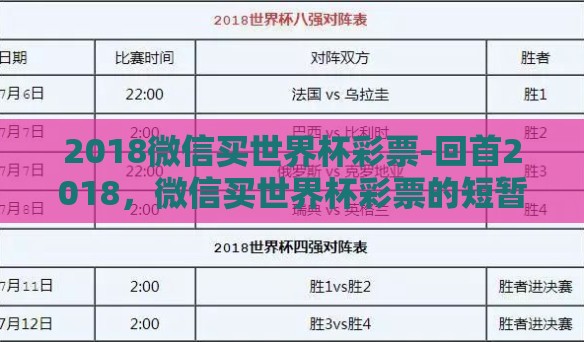 2018微信买世界杯彩票-回首2018，微信买世界杯彩票的短暂风光与后续反思