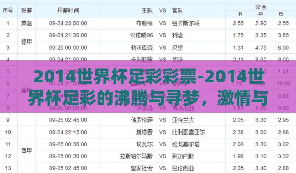 2014世界杯足彩彩票-2014世界杯足彩的沸腾与寻梦，激情与惊喜交织的记忆